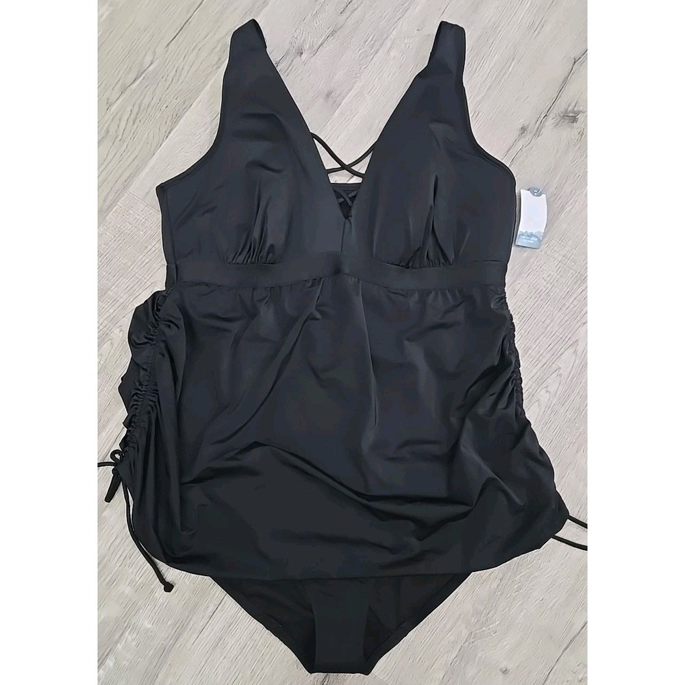 Cacique Swim Black Drawstring No-Wire One Piece‎ Swimsuit Swimdress size 26 NWT